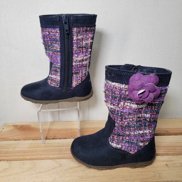 Stride Rite Girls Dark Blue & Purple Boots w/ Single Flower - Size 5.5M - Picture 1 of 6